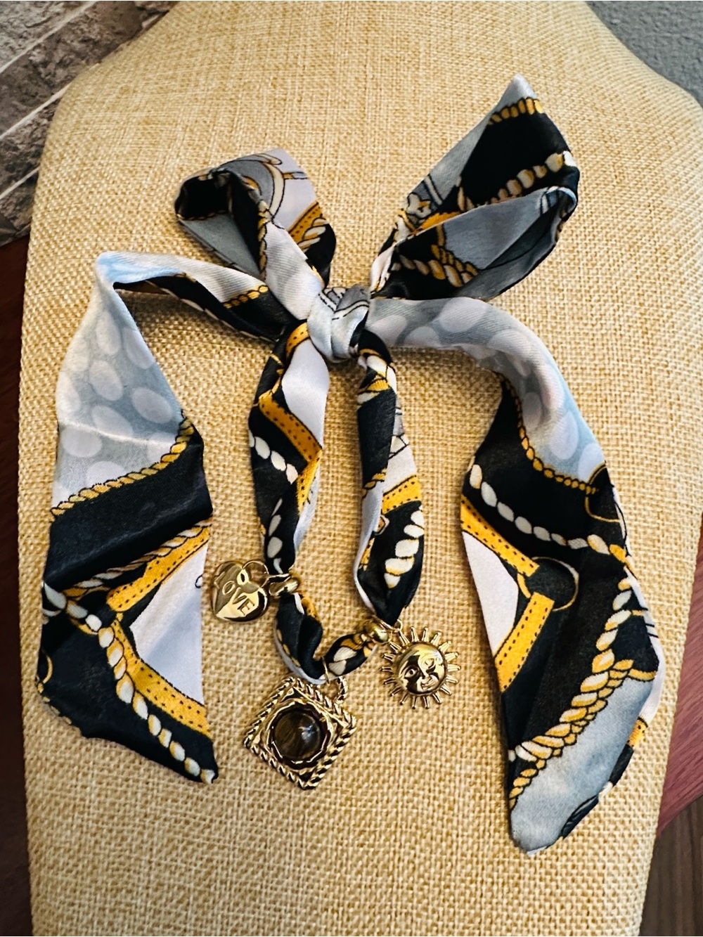 Fashion Jewelry Black, Gray & Gold Chain Motif Silk Scarf with Charms